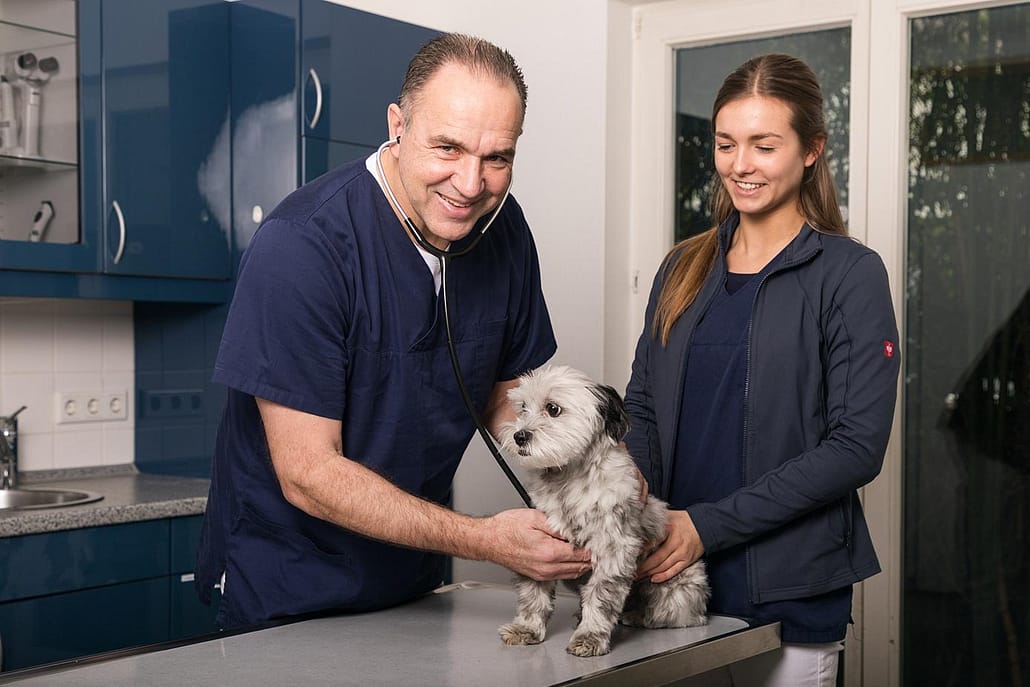 Dr. Wilmering mit TMFA und Hund am Behandlungstisch